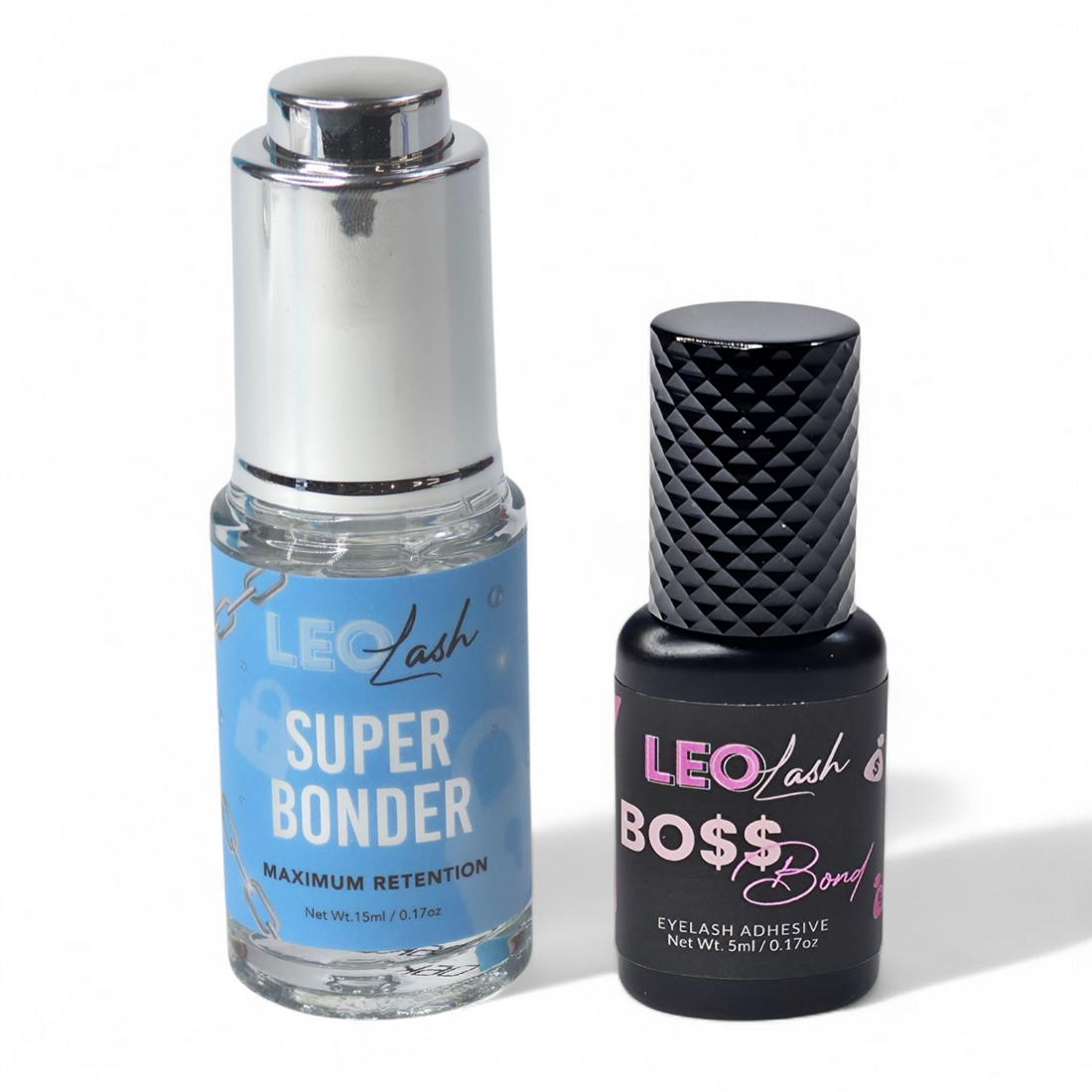 Leo Lash Super Bonder and Boss Bond eyelash adhesive, premium lash extension products
