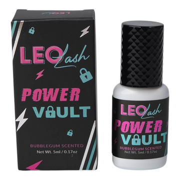 Leo Lash Power Vault lash extension glue and box, bubblegum scented, 5ml bottle