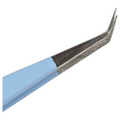 Close-up of blue lash extension tweezer with angled precision tip for professional lash techs