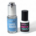 Leo Lash Range Super Bonder and Power Vault lash extension products on white background