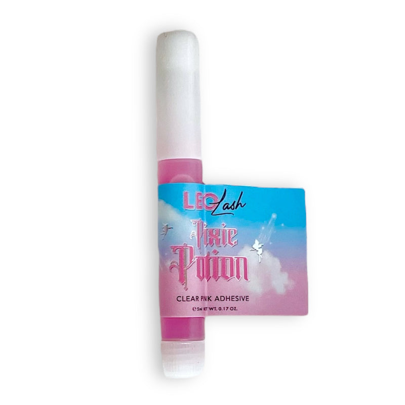 Leo Lash Pixie Potion clear pink adhesive tube with colorful label on white background