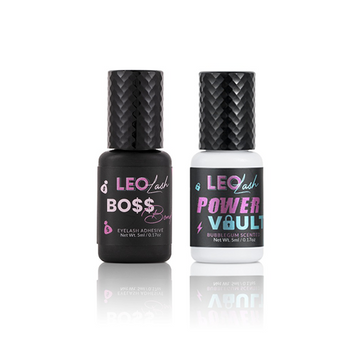 Leo Lash Range Boss Bond and Power Vault eyelash adhesive bottles for lash extensions