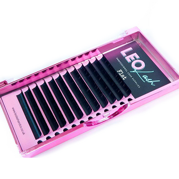 Leo Lash Range flat lash extensions in a pink tray, premium cruelty-free lash supplies