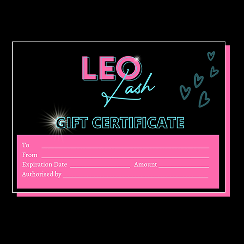Leo Lash Range gift certificate card with pink and teal text, hearts, and entry fields.