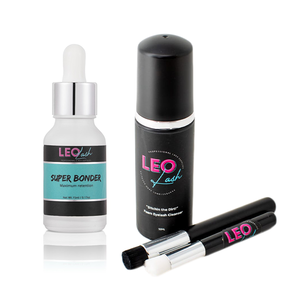 Leo Lash Range lash extension kit with Super Bonder, foam eyelash cleanser, and brushes