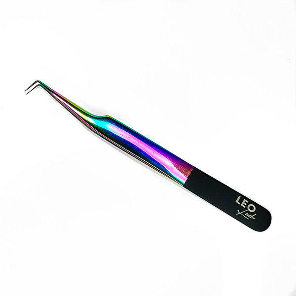 Leo Lash iridescent angled lash extension tweezer with black handle on white background