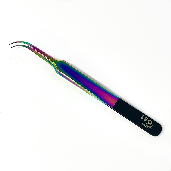 Rainbow curved lash extension tweezer with black Leo Lash logo handle on white background