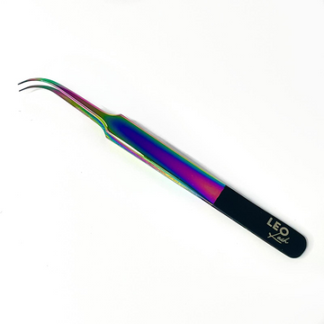 Rainbow curved lash extension tweezer with black Leo Lash logo handle on white background