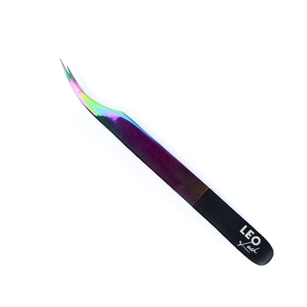 Leo Lash Range iridescent curved lash extension tweezer with black handle on white background