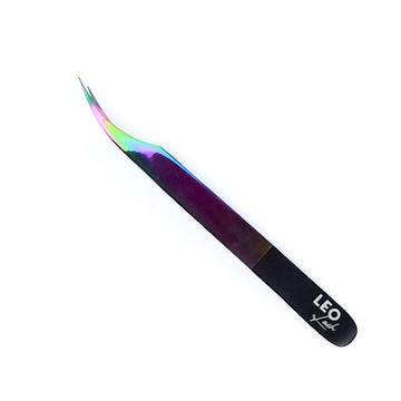 Leo Lash Range iridescent curved lash extension tweezer with black handle on white background
