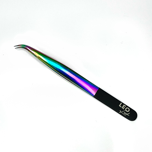 Rainbow curved lash extension tweezer with Leo Lash branding on handle, white background.