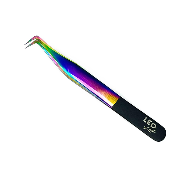 Iridescent angled lash tweezer with Leo Lash branding for premium eyelash extension application