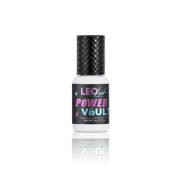 Leo Lash Power Vault lash glue bottle and packaging, premium bubblegum scented adhesive