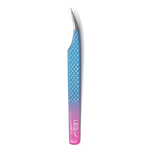 Blue and pink Leo Lash Range precision tweezer for lash extensions on white background