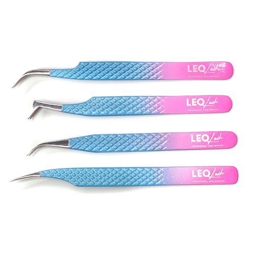 Blue and pink Leo Lash Range tweezers for premium lash extensions